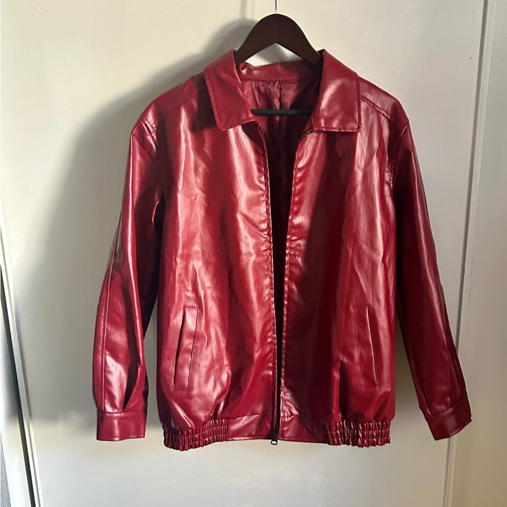 Classic Red Vegan Leather Front Zip Oversized Bomber Style Jacket